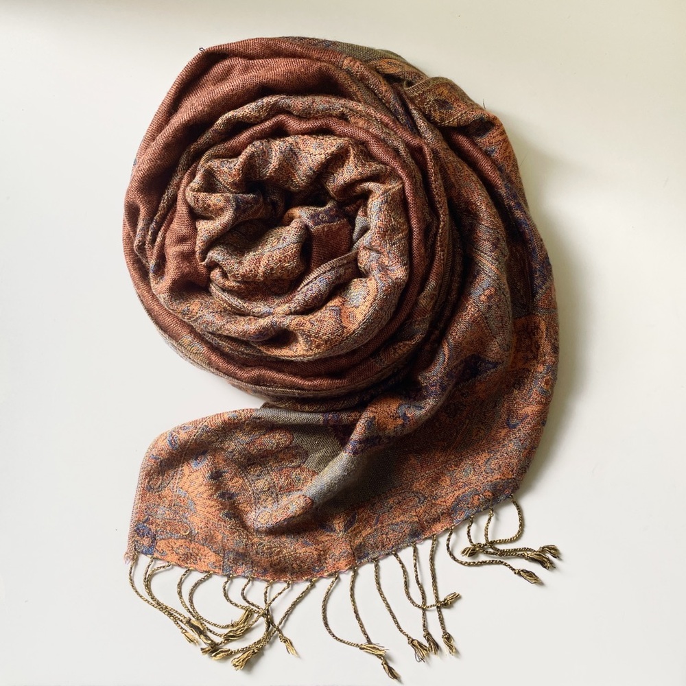 Y2K Pashmina Boho Silk Paisley Scarf Wrap Rust Brown Blue Fringe Soft Shawl